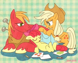 Size: 800x651 | Tagged: safe, artist:nmnkgskds, apple bloom, applejack, big macintosh, earth pony, pony, blanket, brother and sister, crayons, cute, female, male, pixiv, siblings, sisters, sleeping, stallion