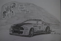 Size: 1936x1296 | Tagged: safe, artist:ricky47, derpibooru import, rainbow dash, pegasus, pony, car, crossover, female, ford, ford mustang, monochrome, need for speed, need for speed: hot pursuit, police, police car, police officer, shelby, shelby gt500 mustang, shelby gt500 super snake, sketch, solo, supercar, traditional art