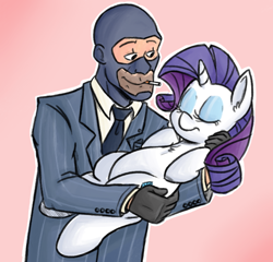 Size: 736x707 | Tagged: safe, artist:hamflo, rarity, pony, unicorn, holding a pony, spy, team fortress 2