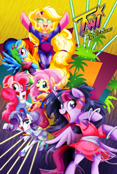 Size: 676x1000 | Tagged: safe, artist:nanook123, derpibooru import, applejack, fluttershy, pinkie pie, rainbow dash, rarity, twilight sparkle, twilight sparkle (alicorn), alicorn, earth pony, pegasus, pony, unicorn, 80s, bracelet, clothes, crossover, ear piercing, earring, female, jem and the holograms, jewelry, makeup, mane six, mare, piercing