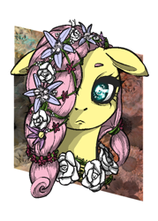 Size: 500x700 | Tagged: safe, artist:discommunicator, artist:scarletvye, fluttershy, pegasus, pony, :<, alternate hairstyle, bust, colored, eyebrows, floppy ears, flower, flower in hair, frown, hair over one eye, looking at you, out of frame, portrait, solo, wingding eyes