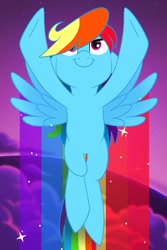 Size: 683x1024 | Tagged: safe, artist:nanook123, derpibooru import, rainbow dash, pegasus, pony, cloud, flying, rainbow, solo