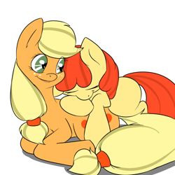 Size: 1000x1000 | Tagged: safe, artist:koportable, apple bloom, applejack, earth pony, pony, applejackasks, ask applejack, cute, sleeping, smiling