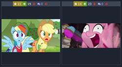 Size: 700x387 | Tagged: safe, derpibooru exclusive, derpibooru import, screencap, applejack, pinkie pie, rainbow dash, earth pony, pegasus, pony, buckball season, my little pony: the movie, derpibooru, juxtaposition, meta