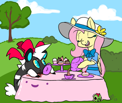 Size: 2263x1919 | Tagged: safe, artist:mt, fluttershy, pegasus, pony, blitzle, caterpie, clothes, crossover, drink, food, messy, outdoors, pokémon, table, tea party