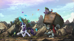 Size: 1920x1080 | Tagged: safe, artist:huussii, rarity, rover, spike, diamond dog, dragon, pony, unicorn, black eye, box, bruised, canterlot, carrying, derp, gem, glowing horn, magic, rock, telekinesis, wahaha, wallpaper, working