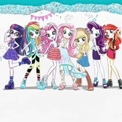 Size: 1080x1080 | Tagged: safe, artist:ritalux, derpibooru import, applejack, fluttershy, pinkie pie, rainbow dash, rarity, sci-twi, sunset shimmer, twilight sparkle, better together, equestria girls, boots, clothes, cowboy hat, denim skirt, dress, glasses, hat, humane five, humane seven, humane six, jacket, leather jacket, official, official art, pantyhose, sandals, shoes, skirt, stetson