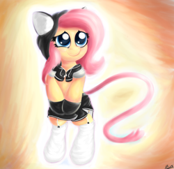 Size: 1380x1335 | Tagged: safe, artist:j151, fluttershy, pegasus, pony, bipedal, blushing, cat ears, cat hoodie, cat tail, clothes, cute, fluttercat, garter, hoodie, shyabetes, skirt, smiling, solo, stockings