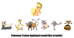 Size: 1350x696 | Tagged: safe, applejack, earth pony, pony, ampharos, crossover, hitmonlee, miltank, pokémon, pokémon team, stoutland, tauros, text, udder, vespiquen