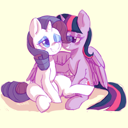 Size: 1024x1024 | Tagged: safe, artist:mewball, derpibooru import, rarity, twilight sparkle, twilight sparkle (alicorn), alicorn, pony, unicorn, female, lesbian, mare, rarilight, shipping, winghug