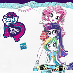 Size: 1080x1080 | Tagged: safe, artist:ritalux, derpibooru import, pinkie pie, rainbow dash, sci-twi, twilight sparkle, better together, equestria girls, clothes, cute, dashabetes, diapinkes, equestria girls logo, glasses, hasbro, hasbro logo, my little pony logo, official, official art, pants, pantyhose, paper, sandals, shoes, skirt, sneakers, twiabetes