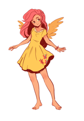 Size: 822x1179 | Tagged: safe, artist:osato-kun, fluttershy, human, barefoot, clothes, cutie mark on clothes, dress, feet, humanized, solo, winged humanization