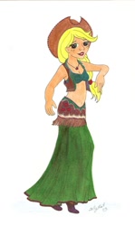 Size: 690x1159 | Tagged: safe, artist:zellykat, applejack, human, belly button, belly dancer, belly dancer outfit, cleavage, clothes, female, hat, humanized, jewelry, long skirt, midriff, necklace, simple background, skirt, solo