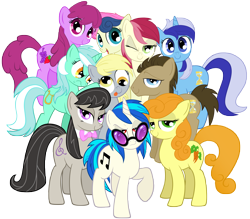 Size: 11391x10000 | Tagged: safe, artist:andypriceart, artist:fimvisible, idw, berry punch, berryshine, bon bon, carrot top, derpy hooves, dj pon-3, doctor whooves, golden harvest, lyra heartstrings, minuette, octavia melody, roseluck, sweetie drops, vinyl scratch, earth pony, pegasus, pony, unicorn, absurd resolution, background pony, background six, background ten, bowtie, cutie mark, female, hooves, horn, looking at you, male, mare, one eye closed, red eyes, simple background, smiling, stallion, sunglasses, tongue out, transparent background, vector, wings, wink