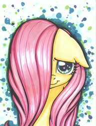 Size: 1684x2198 | Tagged: safe, artist:frostykat13, fluttershy, pegasus, pony, bust, hair over one eye, looking at you, portrait, solo, traditional art