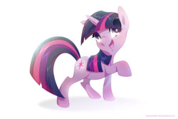 Size: 1024x683 | Tagged: safe, artist:marshmallow-kid, derpibooru import, twilight sparkle, pony, unicorn, female, looking up, mare, raised hoof, simple background, solo, white background