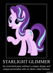 Size: 719x1000 | Tagged: safe, starlight glimmer, pony, unicorn, background pony strikes again, black background, demotivational poster, drama, drama bait, female, mare, meme, op is a cuck, op is trying to start shit, op started shit, open mouth, raised hoof, simple background, solo, starlight drama, typo in the description