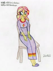 Size: 3611x4804 | Tagged: safe, artist:happyb0y95, sunset shimmer, equestria girls, absurd resolution, chair, clothes, female, sitting, slippers, solo, traditional art