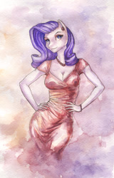 Size: 770x1200 | Tagged: safe, artist:valita-es, rarity, anthro, cleavage, clothes, dress, female, hand on hip, hips, missing horn, necklace, solo, traditional art, watercolor painting