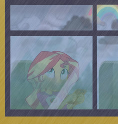 Size: 846x893 | Tagged: safe, artist:fuzzyfurvert, edit, edited screencap, screencap, sunset shimmer, equestria girls, legend of everfree, fanfic, fanfic art, rain, rainbow, school bus, solo