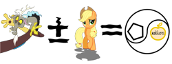 Size: 1800x666 | Tagged: safe, applejack, discord, draconequus, earth pony, pony, applejack's hat, discordianism, exploitable meme, female, fnord, make it happen, male, math, meme, sacred chao, simple background, transparent background, vector