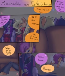 Size: 826x967 | Tagged: safe, artist:reneesdetermination, applejack, scootaloo, twilight sparkle, anthro, comic:heart burn, abs, applerack, breasts, comic, female