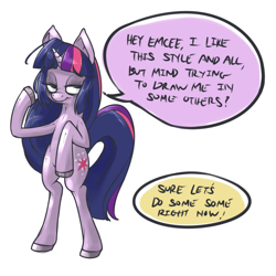 Size: 800x800 | Tagged: safe, artist:emcee-ironchef, derpibooru import, twilight sparkle, pony, bipedal, dialogue, speech bubble