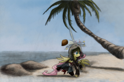 Size: 800x532 | Tagged: safe, artist:hewison, fluttershy, pegasus, pony, assassin's creed, assassin's creed iv black flag, clothes, coconut, coconut tree, crossover, edward kenway, gun, handgun, island, ocean, palm tree, pistol, solo, tree