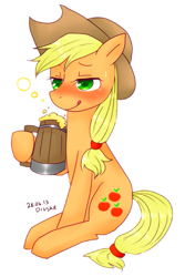 Size: 457x686 | Tagged: safe, artist:divided-s, applejack, earth pony, pony, cider, drunk, drunk aj, simple background, sitting, solo, tongue out