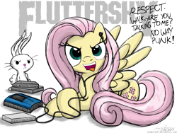 Size: 1032x774 | Tagged: safe, artist:flutterthrash, angel bunny, fluttershy, pegasus, pony, cassette, lyrics, metal, pantera, song reference, walk