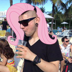 Size: 612x612 | Tagged: safe, edit, fluttershy, human, drink, irl, irl human, photo, skrillex, sunglasses, watch, wtf