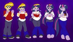 Size: 1000x578 | Tagged: safe, artist:akuoreo, derpibooru import, doctor whooves, twilight sparkle, anthro, clothes, glasses, happy, human to anthro, human to pony, jeans, rule 63, smiling, solo, t-shirt, transformation, transgender transformation