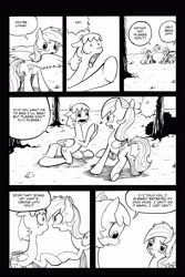 Size: 3300x4952 | Tagged: safe, artist:leon-z, derpibooru import, rainbow dash, oc, oc:rain breeze, pegasus, pony, comic:returns endings & beginnings, comic, monochrome, tree