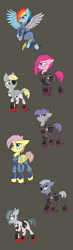 Size: 560x1906 | Tagged: safe, artist:celestial-rainstorm, derpibooru import, derpy hooves, limestone pie, marble pie, maud pie, pinkie pie, rainbow dash, earth pony, pegasus, pony, alternate timeline, amputee, apinkalypse pie, apocalypse dash, apocalypse fluttershy, apocalypse maud, augmented, crystal war timeline, epic derpy, eyepatch, gray background, pie sisters, pinkamena diane pie, prosthetic limb, prosthetic wing, prosthetics, scar, siblings, simple background, sisters, torn ear