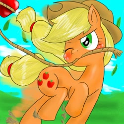 Size: 500x500 | Tagged: safe, artist:wonton soup, applejack, earth pony, pony, apple, food, lasso, mouth hold, running, solo, wink