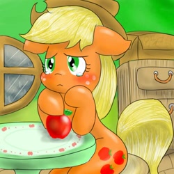 Size: 500x500 | Tagged: safe, artist:wonton soup, applejack, earth pony, pony, apple, crying, food, indoors, sitting, solo