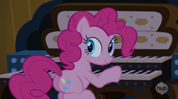 Size: 718x403 | Tagged: safe, screencap, pinkie pie, pony, castle mane-ia, female, hub logo, hubble, mare, musical instrument, organ, organ to the outside, plot, solo