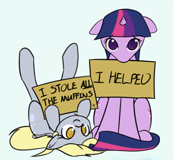 Size: 1613x1481 | Tagged: safe, artist:manicpanda, derpy hooves, twilight sparkle, unicorn twilight, pegasus, pony, unicorn, accomplice, criminal, criminal scum, cute, evil, female, floppy ears, hoof hold, legs in air, looking at you, mare, mouth hold, no nose, on back, pony shaming, puppy dog eyes, pure unfiltered evil, sad, shaming, sign, sitting, smiling, you monster