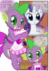 Size: 1741x2500 | Tagged: safe, artist:pyruvate, rarity, spike, dragon, pony, unicorn, comic:dragon queen, a cat is fine too, apron, clothes, comic, cute, naked apron, spikabetes, this will end in jail time, this will end in tears