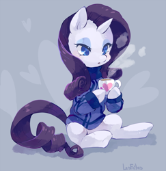 Size: 650x668 | Tagged: dead source, safe, artist:lesfrites, rarity, pony, unicorn, clothes, mug, solo, sweater