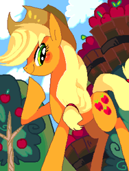 Size: 300x400 | Tagged: safe, artist:kayanezumi, applejack, earth pony, pony, apple, pixiv, raised hoof, solo, tree, working