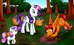 Size: 1091x663 | Tagged: safe, artist:hinata-teh-lefty, rarity, sweetie belle, oc, pony, unicorn, basket, digging, gem, holes, magic, tree