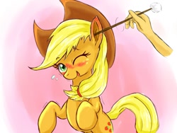 Size: 640x480 | Tagged: safe, artist:jiiko, applejack, earth pony, pony, blushing, cowboy hat, cute, disembodied arm, ear cleaning, hand, happy, hat, jackabetes, looking at you, mimikaki, pixiv, smiling, stetson, wink