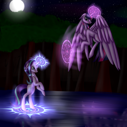 Size: 5808x5808 | Tagged: safe, artist:dragongirl0130, starlight glimmer, twilight sparkle, twilight sparkle (alicorn), alicorn, pony, unicorn, absurd resolution, duo, flying, magic, night