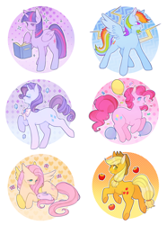 Size: 2250x3028 | Tagged: dead source, safe, artist:serafelis, derpibooru import, applejack, fluttershy, pinkie pie, rainbow dash, rarity, twilight sparkle, twilight sparkle (alicorn), alicorn, earth pony, pegasus, pony, rabbit, unicorn, apple, balloon, book, bow, female, food, high res, mane six, mare