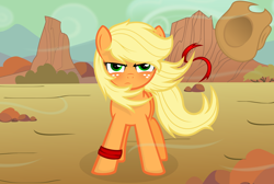 Size: 4300x2895 | Tagged: safe, artist:godoffury, applejack, earth pony, pony, absurd resolution, alternate hairstyle, cowboy hat, female, freckles, frown, glare, hat, looking at you, loose hair, mare, solo, stetson, wind, windswept mane