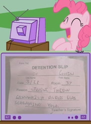 Size: 563x770 | Tagged: safe, pinkie pie, earth pony, pony, detention, exploitable meme, meme, obligatory pony, tv meme, yolo