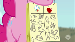 Size: 1366x768 | Tagged: safe, edit, screencap, pinkie pie, earth pony, pony, castle mane-ia, best pony, mouth hold, notebook, solo