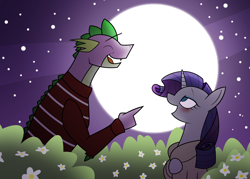Size: 2100x1500 | Tagged: safe, artist:citrusking46, rarity, spike, dragon, pony, unicorn, blushing, clothes, coat, female, it's a wonderful life, male, moon, older, older spike, shipping, sparity, straight, sweater