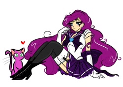Size: 1024x724 | Tagged: safe, artist:pixel-chick, rarity, human, blushing, clothes, crossover, earring, garter belt, heart, high heels, humanized, sailor moon, sailor scout, sailor uniform, solo, stockings